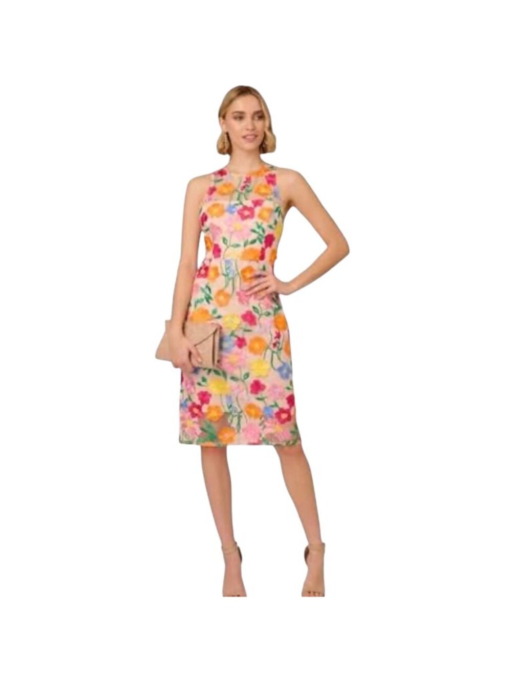 Adrianna Papell NWT $179 Embroidered Floral Column Midi Dress Pink/Yello Size 12